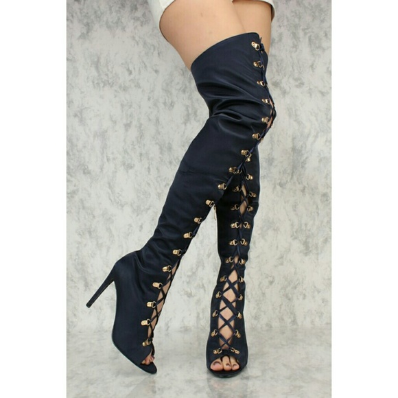 lace up peep toe thigh high boots